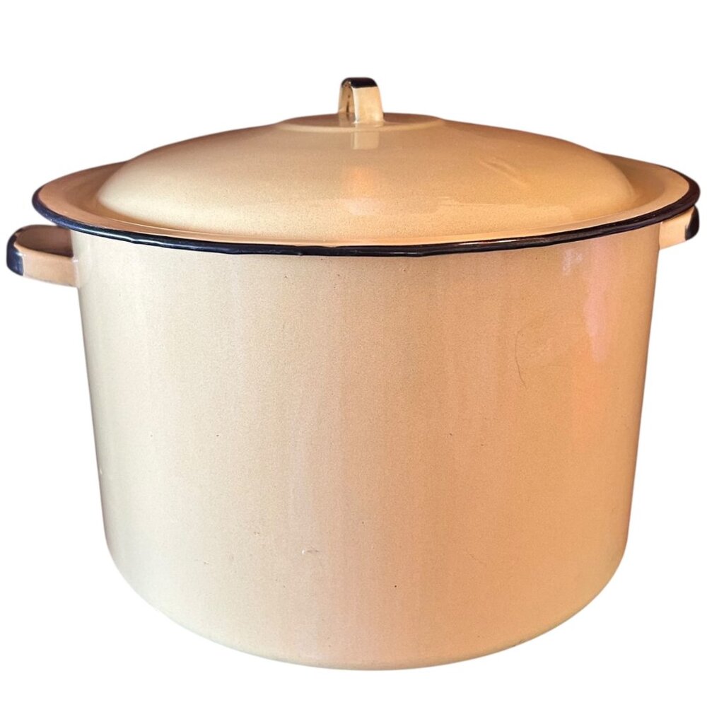 Vintage Farmhouse Charming Cookware Enamel Pale Yellow Handled Large Stock Pot